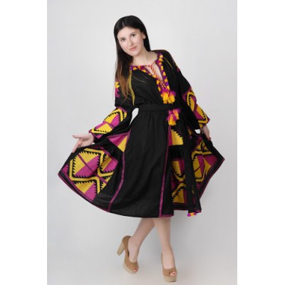 Boho Style Ukrainian Embroidered Midi Broad Dress Black with Pink/Yellow Embroidery